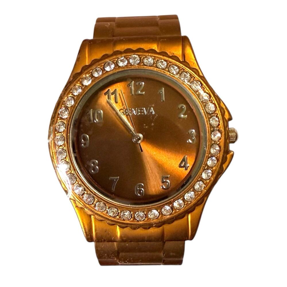 Geneva Rhinestone Encrusted Bezel Orange Clamper Bracelet Quartz Watch RUNS